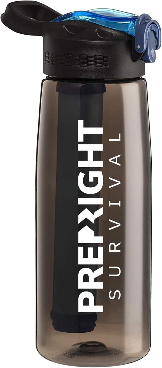 Survival – 4-Stage Water Filter Bottle, BPA-Free 22oz Camping Water Bottle with Built-In Compass, Travel and Emergency Preparedness Gear, Black