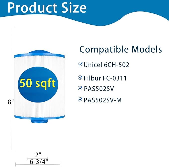 PAS50SV-F2M Replaces Artesian Spa Filter,Compatible with Unicel 6CH-502, Filbur FC-0311，PAS502SV, PAS502SV-M, PAS50, Master Deluxe M60506, Excel XLS-604 Hot Tub Filter. 4 Pack