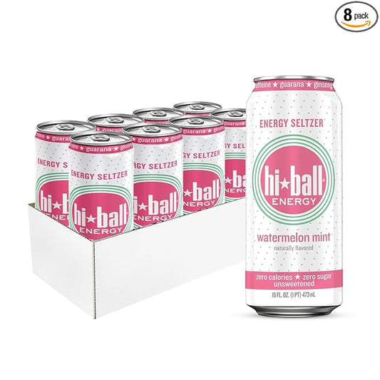 Hiball Clean Energy Drink - Watermelon Mint - Zero Sugar, Zero Calorie Sparkling Water with 160mg Organic Caffeine, 50mg Organic Ginseng, 50mg Organic Guarana and B Vitamins - 16 fl oz (8-Pack)-FlexoryFit