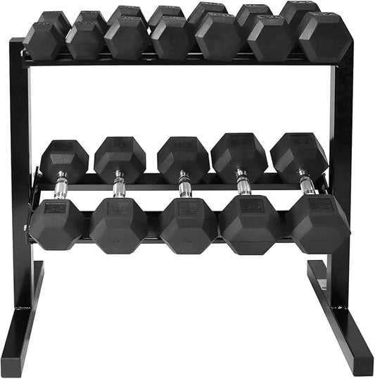 WF Athletic Supply Rubber Coated Hex Dumbbell Set with Two Tier Premium Storage Rack Built for Strength Building, Weight Loss & Home Gym – Multiple Sets Available-FlexoryFit