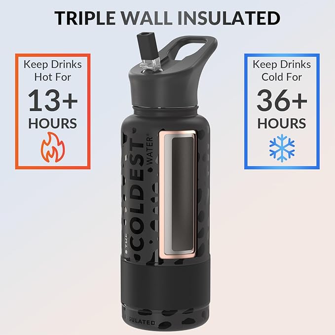 Coldest Insulated Water Bottle with Straw Lid - Stainless Steel Metal Insulated Bottle for Men & Women (Black Leopard, 32 oz)