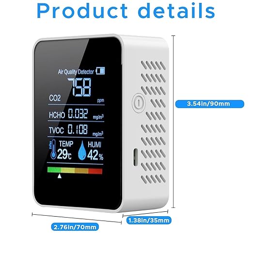 Prefessionall Indoor Air Quality Monitor, 5 in 1 Portable Smartair Quality Tester for CO2 | TVOC | HCHO | Temp | Hum for Home Cars Plants and Pets So On（White）