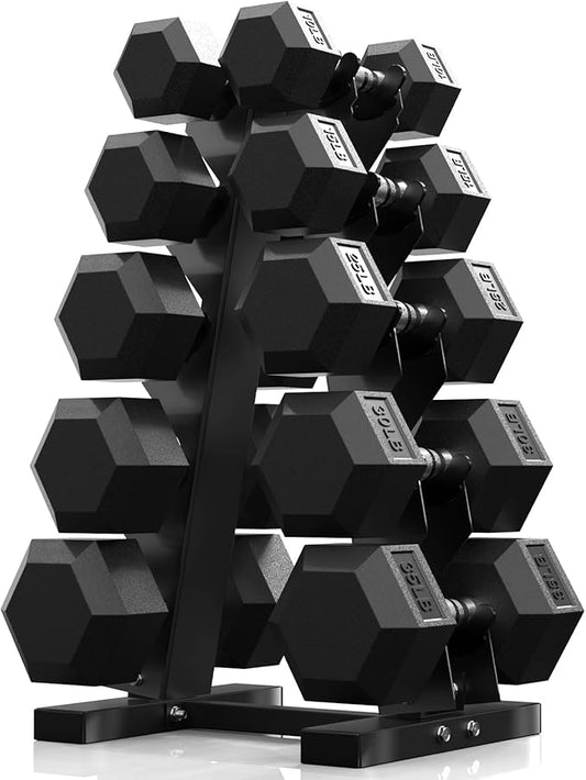PAPABABE Hex Dumbbell Sets with Rack, 60-550lb Rubber Coated Dumbbell Weight Set and Storage Rack, Multiple Options Hand Weights for Strength Training-FlexoryFit
