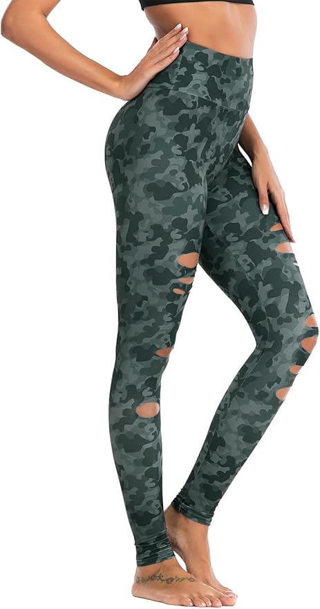 DIBAOLONG Womens High Waist Yoga Pants Cutout Ripped Tummy Control Workout Running Yoga Skinny Leggings-FlexoryFit