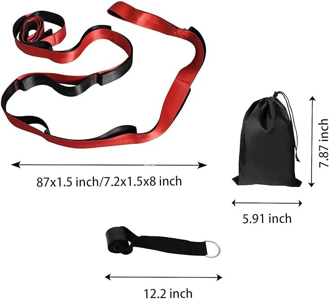 Gradient Fitness Therapy Stretching Belt, 12 Circle Multi Ring Stretching Belt (1.5 inches wide x 86.6 inches long), Therapy Equipment, Yoga Stretcher Strap,Leg Stretcher. Equipped with arch foot pads and pointed massage balls(RED)-FlexoryFit