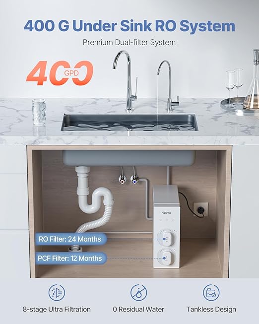 VEVOR Reverse Osmosis System, 400 GPD 8-stage Tankless Reverse Osmosis Water Filter, Certified Under Sink Water Filtration System, 2:1 Pure to Drain, Reduces TDS, Lead, Chlorine, Bad Taste, Odor