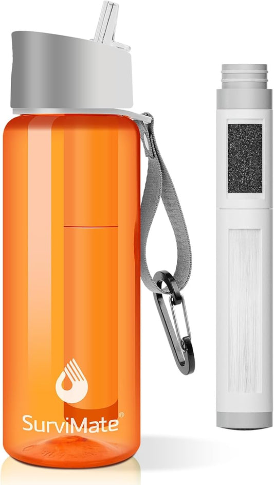 SurviMate 5-Stage 0.01μm Ultra-Filtration Filtered Water Bottle, BPA-Free Material, NSF/ANSI 42&372 Certified, Portable Water Filter Bottle for Survival, Camping, Hiking, and Emergency Use