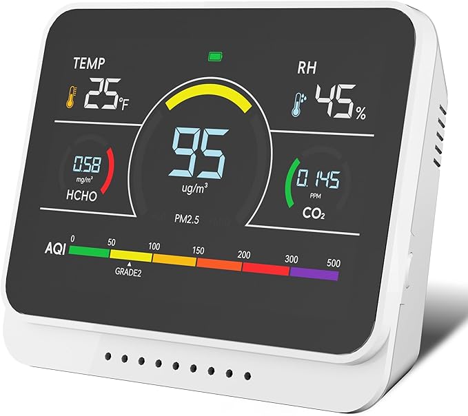 Xoopon Air Quality Monitor Indoor with Beep Alarm Portable Formaldehyde/PM1/PM2.5/PM10/Co2 Detector for Travel Carbon Dioxide Detector Tester Hcho Sensor for Home (Silver White)