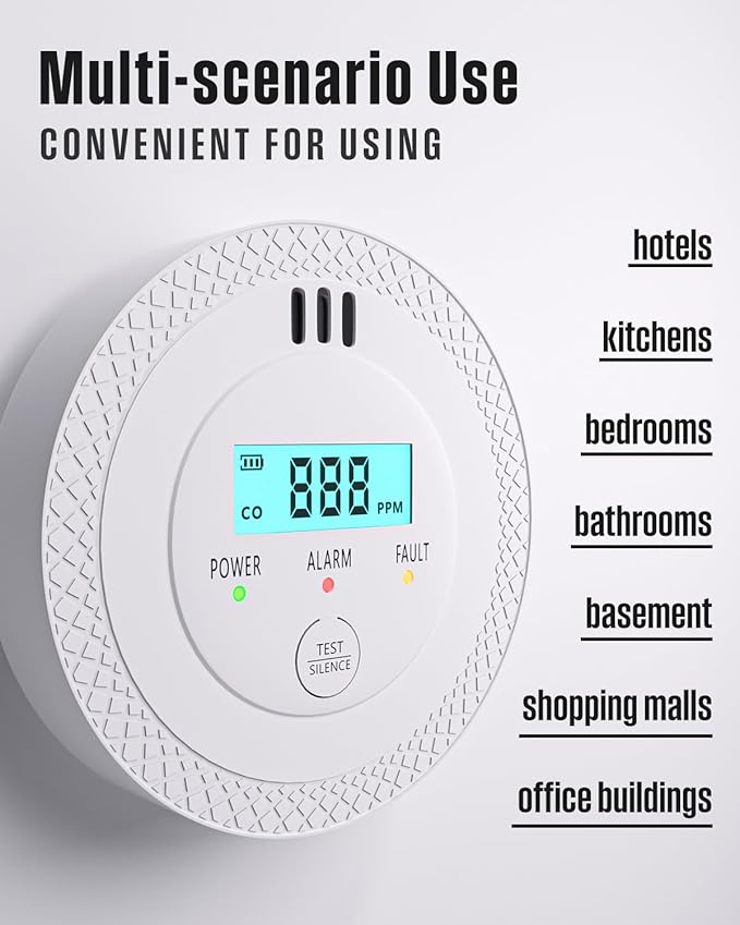 3 Pack Carbon Monoxide Detectors,PG-C06 Portable Carbon Monoxide Detector,LCD Display Smoke Alarm,Carbon Monoxide Detectors Portable for Home,Restaurant,Hotel,Office (White)