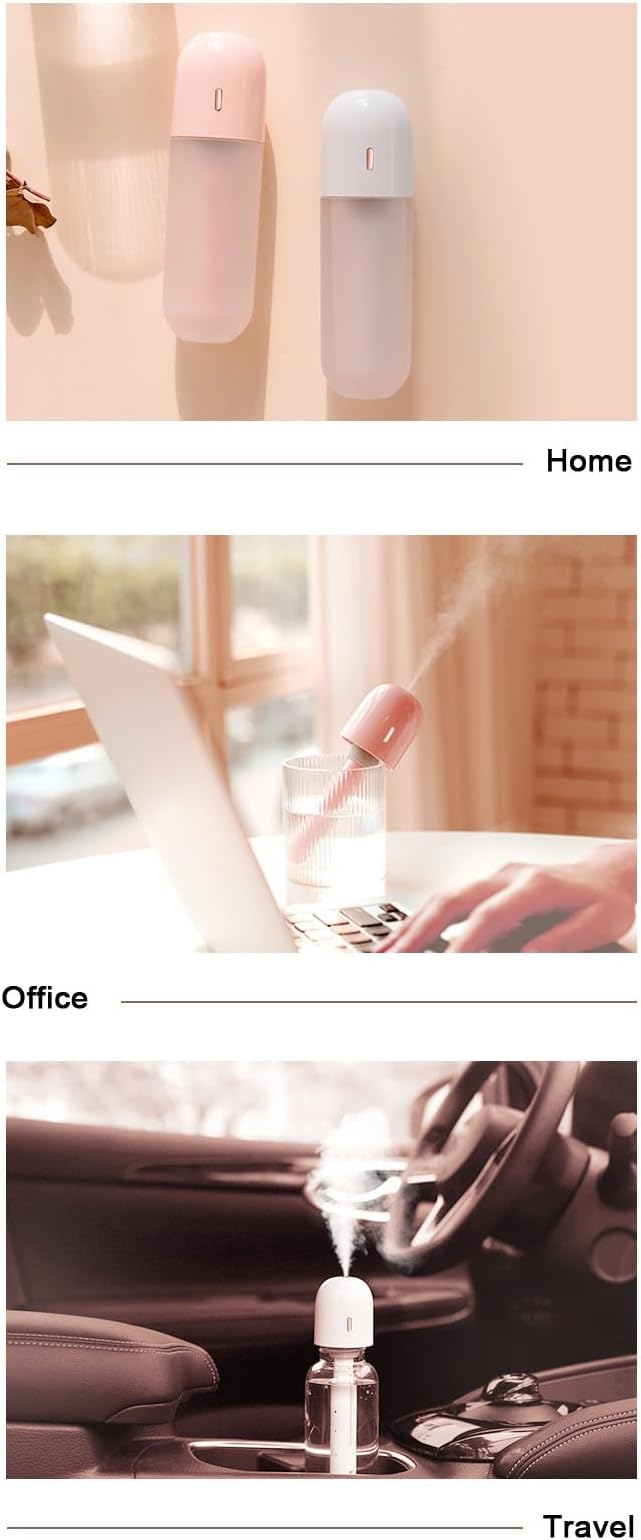 Asixxsix Mini Portable Humidifier, 100ml Cool Mist, USB Rechargeable, Travel Personal Humidifier for Office, Bedroom, Quiet (Pink)