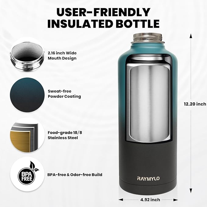 Insulated Water Bottle 87 oz, Triple Wall Vacuum Stainless Steel (Cold for 48 Hrs), Leak Proof & Non-BPA, Modern Water Flask Jug with Paracord Handle & Straw Spout Lids, Indigo/Black-FlexoryFit