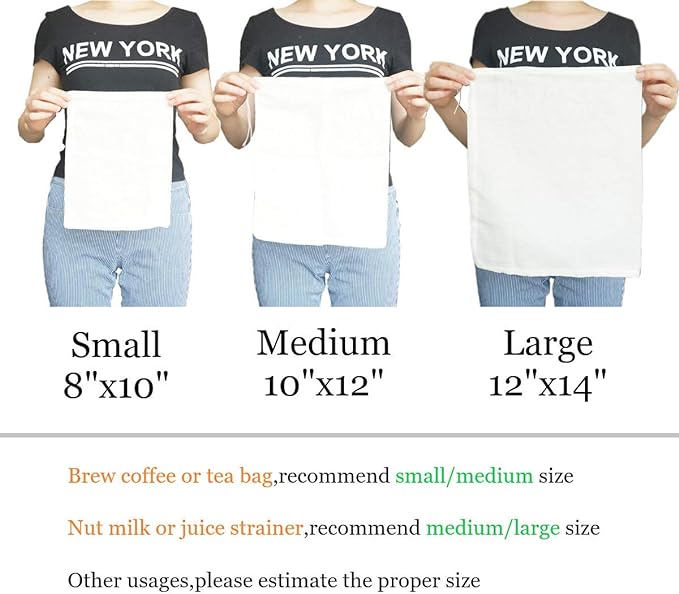 Cheesecloth Bags for Straining,Reusable Cold Brew Coffee Cheese Cloths Strainer,Large Nut Milk Tea Juice Bag,100% Natural Cotton Fine Mesh Filter Bags(Medium,4 Pack)