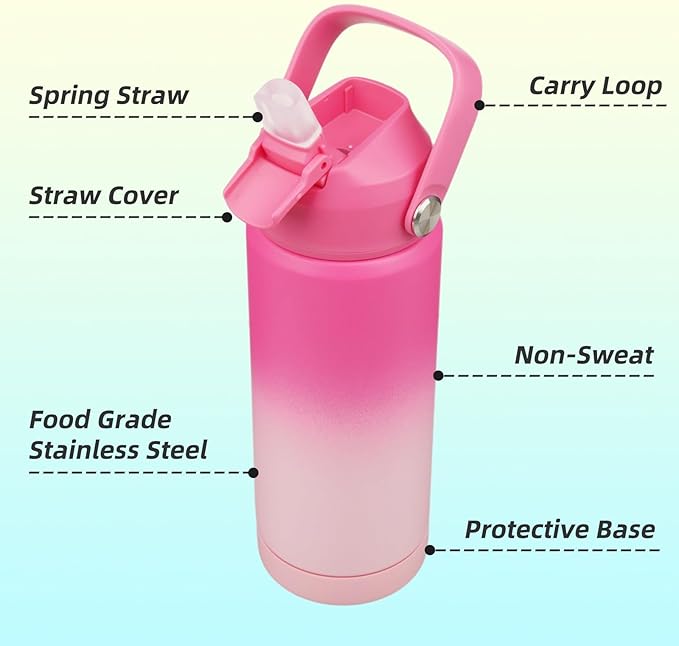 Insulated Water Bottle with Straw Lid,18 oz Stainless Steel Vacuum Metal Bottle with Silicone Handle,Cherry Blossom-FlexoryFit