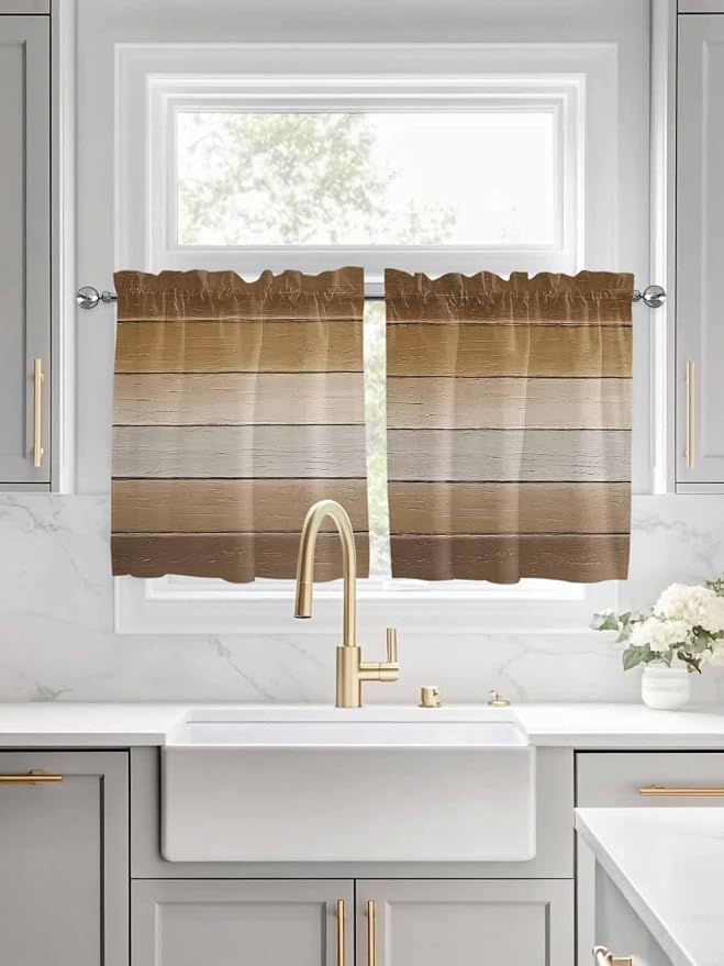 Vintage Brown Gradient Wood Grain Window Valance Curtains, Farmhouse Wood Barn - Image 2