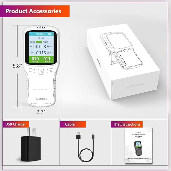 Indoor Air Quality Monitor, IGERESS Formaldehyde Detector, Pollution Monitor,Dust Tester, Detect Indoor HCHO/TVOC/PM2.5/PM10 (White)