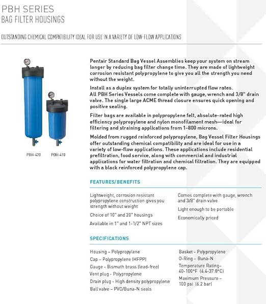 Pentair Pentek 150337 PBH Big Blue Bag Filter Housing, 1 1/2" NPT #20 Bag Vessel Assembly with Gauge, Wrench and Drain Valve, 20-Inch, Black/Blue