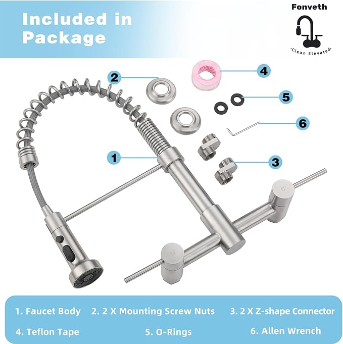Wall Mount Kitchen Faucet, 8 Inch Center Wall Mount Kitchen Sink Faucet with Pull Down Sprayer Commercial, Brushed Nickel