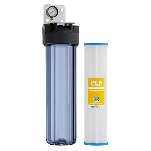 20 x 4.5 Whole House 1 Stage PP Pleated Sediment Filter System w/ 1" NPTF Port Housing Head Includes 10 Micron Pleated Sediment filter, Gauge & Bracket BB-20B WH100SP WDS150K CB1-CAB20-BB DB20P