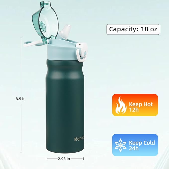 Insulated Water Bottle with Straw and Carry Loop,18 oz Stainless Steel Double Wall Vaccum Metal Water Flask with Leak-proof Lid,Dark Green-FlexoryFit