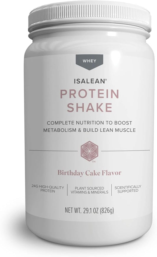 IsaLean Protein Shake - Complete Superfood Meal Replacement for Maintaining Healthy Weight and Lean Muscle Growth with 24 Vitamins and Minerals - 29.1 oz - 14 Meal Canister (Birthday Cake) - Canister-FlexoryFit