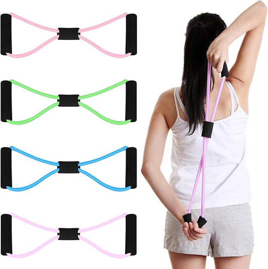Figure 8 Shaped Resistance Bands -4-Pack Workout Bands with Handles Figure, 8 Exercise Bands for arm Shoulder Stretching, Leg Stretching, Yoga, Pilates, Home Gym Workout Equipment for Women Men-FlexoryFit