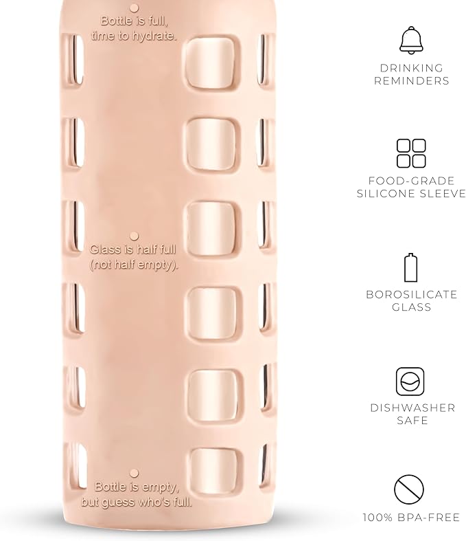 purifyou 40oz / 32oz / 22oz / 12oz Borosilicate Glass Water Bottle with Time & Volume Markers, Silicone Sleeve, Stainless Steel Lid | Reusable Glass Bottle for Water & Juice (12oz Hazelnut)