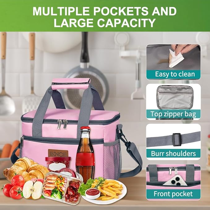 iknoe Large Foldable Cooler Bag, 8.5L Insulated Lunch Bag, Leakproof Lunch Cooler Tote with Multi-Bag Design Suitable for Beach, Picnic and Office Use, Pink 15-Can-FlexoryFit