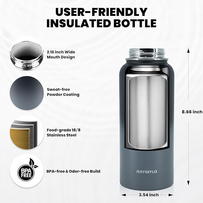 Insulated Water Bottle 32 oz, Triple Wall Vacuum Stainless Steel (Cold for 48 Hrs), Leak Proof & Non-BPA, Modern Water Flask Jug with Paracord Handle & Straw Spout Lids, Dark Grey-FlexoryFit