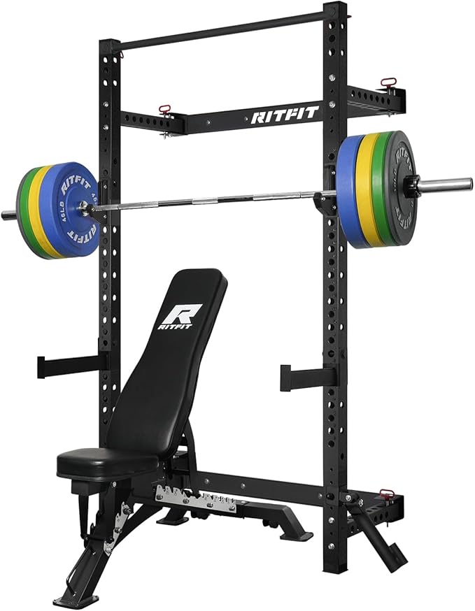 RitFit Multi-Functional Folding Squat Rack for Home Gym, 2.36'' x 2.36'' Wall Mounted Squat Rack with Attachments - Space Saving Squat Power Rack-FlexoryFit