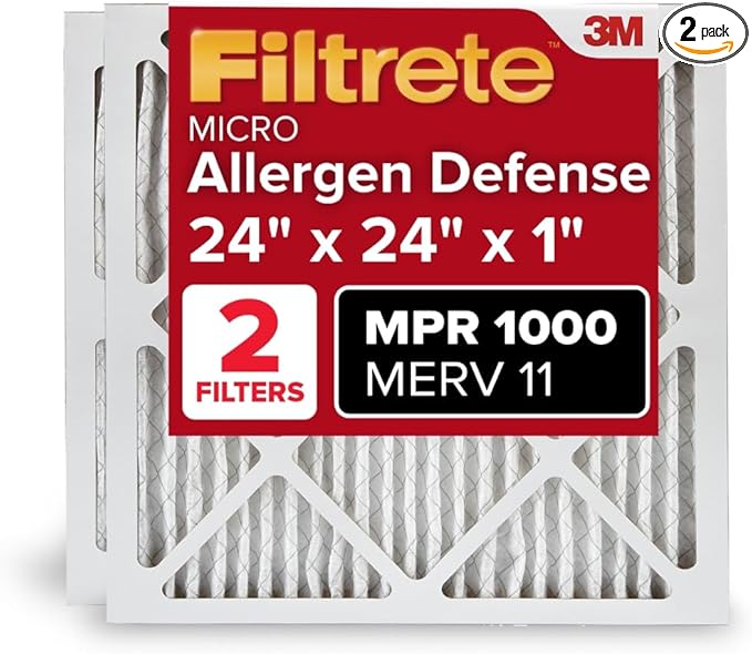 Filtrete 24x24x1 AC Furnace Air Filter, MERV 11, MPR 1000, Micro Allergen Defense, 3-Month Pleated 1-Inch Electrostatic Air Cleaning Filter, 2 Pack (Actual Size 23.81 x 23.81 x 0.81 in)