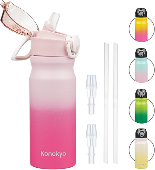 Insulated Water Bottle with Straw and Carry Loop,18 oz Stainless Steel Double Wall Vaccum Metal Water Flask with Leak-proof Lid,Cherry-FlexoryFit
