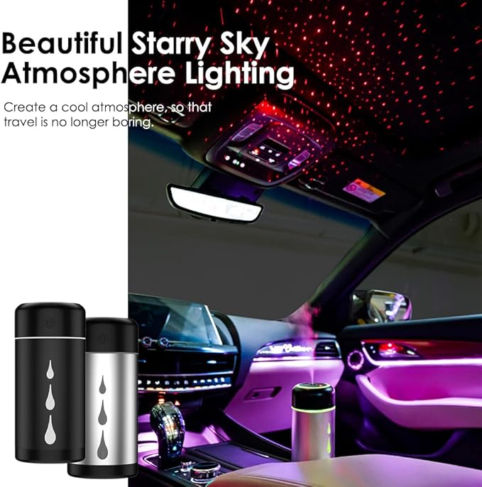 Desk Cool Mist Humidifiers, Portable Car Humidifier Diffuser with Star Night Light, Mini Humidifier Essential Oil for Car Office Desktop Bedroom (Black)