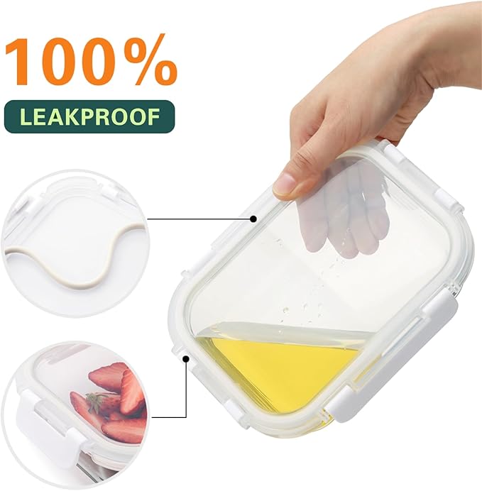 10 Pack 22 Oz Glass Meal Prep Containers with Lids, Reusable Glass Food Storage Containers with Lids, Leak Proof, Microwave, Oven, Freezer and Dishwasher Safe (White)-FlexoryFit