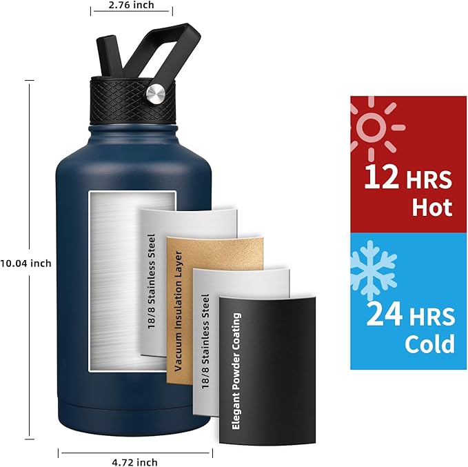 Insulated Water Bottle 64oz,Triple Wall Vacuum Stainless Steel(Dishwasher Safe),Leak Proof & Non-BPA,Flask Jug with Paracord Handle & Straw Spout Lids Sports-FlexoryFit