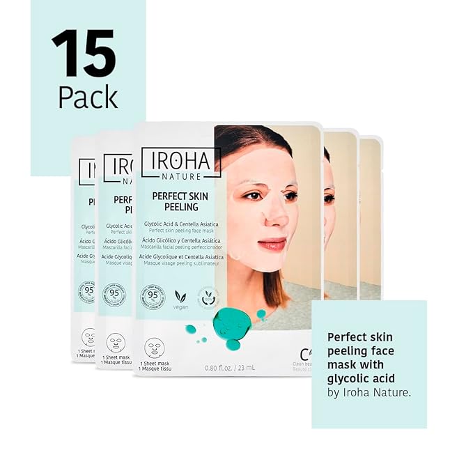 IROHA NATURE Glycolic Acid Peeling Face Mask (Pack of 15) | Skin Perfecting for a Radiant & Smooth Look | Instant Regeneration in Just 15 Minutes | Clean Beauty | 100% Vegan-FlexoryFit