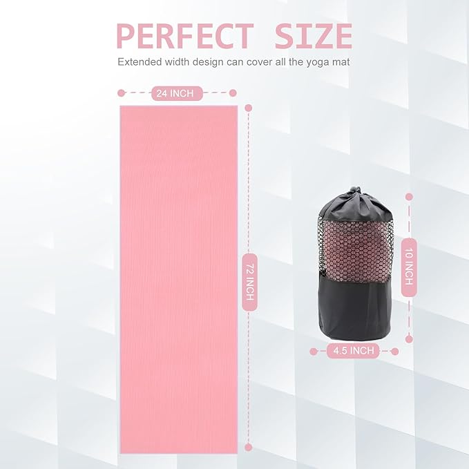Eunzel Yoga Towel,Hot Yoga Mat Towel with Grip Dots Sweat Absorbent Non-Slip for Hot Yoga, Pilates and Workout 24" x72", Pink-FlexoryFit