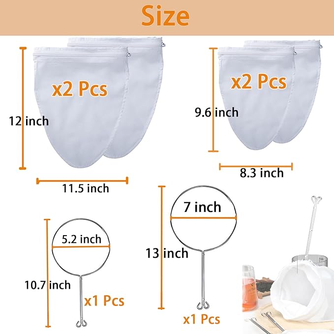 4 PCS Extra Fine Mesh Strainer Bags with Handle, Reusable Thai Tea Strainer, Cheesecloth for Straining NutMilk Coffee Milk Juices Honey Wine Oil Yogurt (2 Medium & 2 Small)