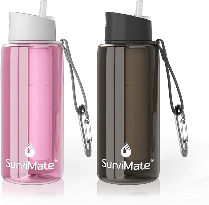 SurviMate Purified Water Bottle for Camping, Hiking, Backpacking and Travel, BPA Free with 5-Stage Intergrated Filter Straw
