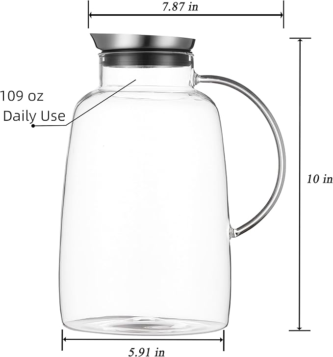 Purefold Pitcher with Lid, 109 Ounces Water Pitcher, Heat Resistant Leakproof, Borosilicate Glassware for Boiling Water, Iced Tea, Juice, Milk, Coffee, Lemonade, Hot and Cold Beverages