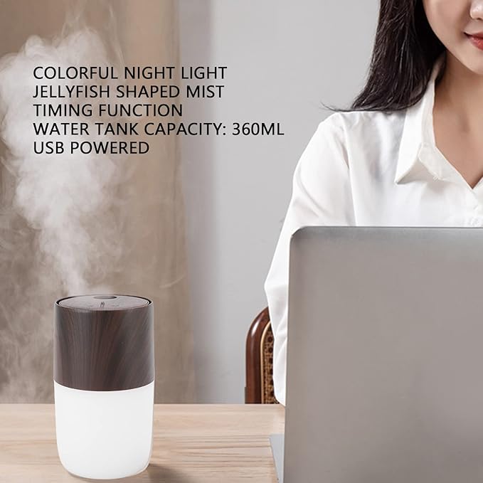Portable Mist Humidifier, 300ml Capacity Personal Air Humidifier with Timing Function, Jellyfish Shaped Spray Mist, Mobile Using Office Humidifier with Colorful Night Light for Cars,(Dark Wood Color)