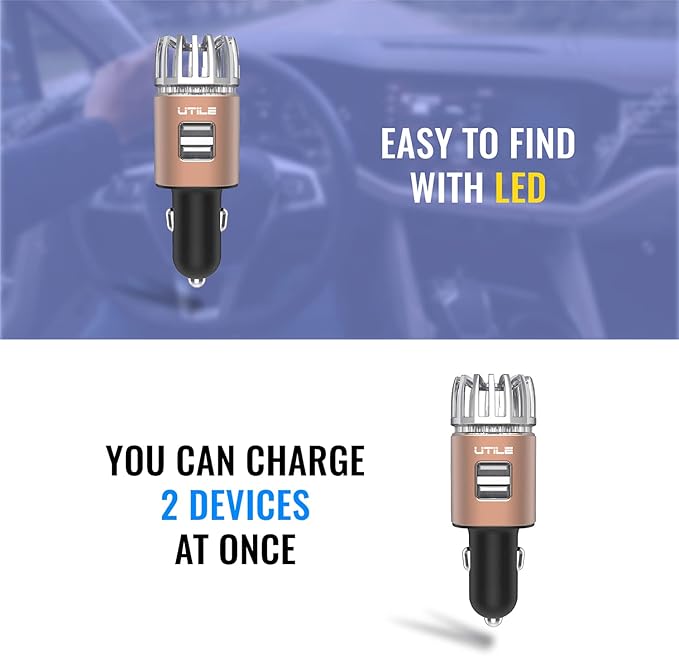 UTILE Car Ionizer Odor Eliminator Purifier with Dual USB Car Charger – Ionic Air Freshener| 2.1A/0.8W USB Charging for Phone, Tablet and Other Devices (Copper, Pack of 1)