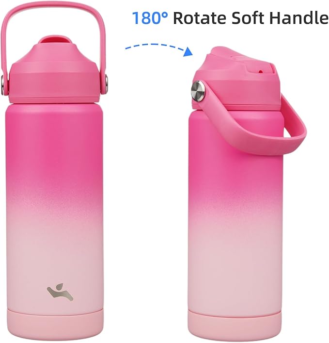 Insulated Water Bottle with Straw Lid,18 oz Stainless Steel Vacuum Metal Bottle with Silicone Handle,Cherry Blossom-FlexoryFit