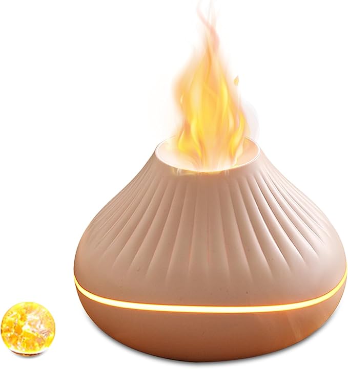 Colorful Fire Flame Diffuser: Ultra-Quiet 160ml Volcano Humidifier Aromatherapy Essential Oil Cool Mist Diffusers with 7 Flame Colors Timeable for Bedroom, Office (White)