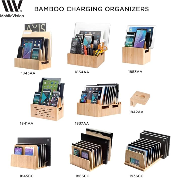 MobileVision Bamboo 10-Port Charging Station & Docking Organizer for Smartphones & Tablets, Family-Sized, for use in Corporate Offices & Classrooms