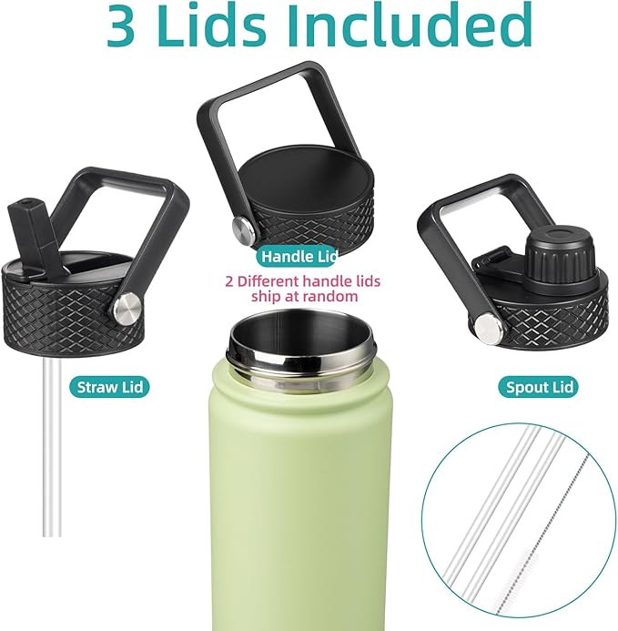 18 oz Insulated Water Bottle Stainless Steel Sport Bottles with 3 Lids,Macaron Green-FlexoryFit