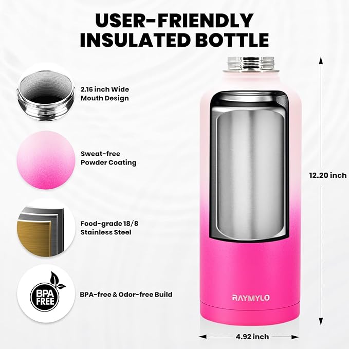 Insulated Water Bottle 87 oz, Triple Wall Vacuum Stainless Steel (Cold for 48 Hrs), Leak Proof & Non-BPA, Modern Water Flask Jug with Paracord Handle & Straw Spout Lids, Ombre Pink-FlexoryFit