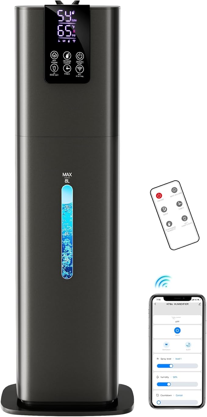 Smart Humidifiers Large Room Bedroom Home, 2.11Gal(8L) Quiet Top Fill Cool Mist Humidifier, Smart App & Remote Control, 3 Speed Humidifier with 360° Nozzle, Humidity Setting for Baby Office(Gray)