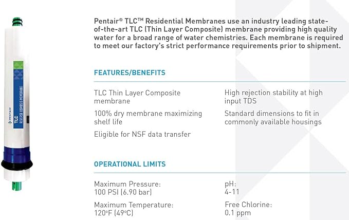 Pentair Pentek TLC-36 Reverse Osmosis Membrane, TLC Thin Layer Composite Residential Membrane Replacement, 36 GPD Flow Rate