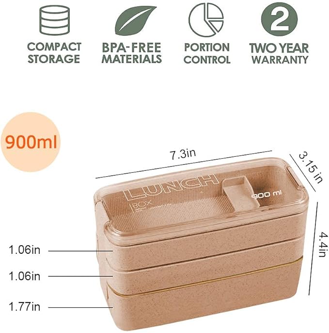 Iteryn Bento Adults Lunch Box, Stackable Bento Box, 3-In-1 Compartment - Wheat Straw, Leakproof Bento Lunch Box Meal Prep Containers-FlexoryFit