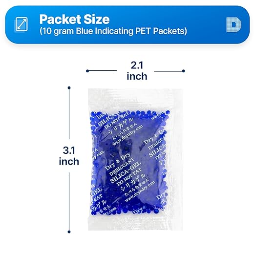 Dry & Dry Blue Indicating(Blue to Pink) Silica Gel Packets Desiccants - Rechargeable Silica Packets, Silica Gel Packs - Blue,Clear,Pink - 50 Packets (10 Gram)